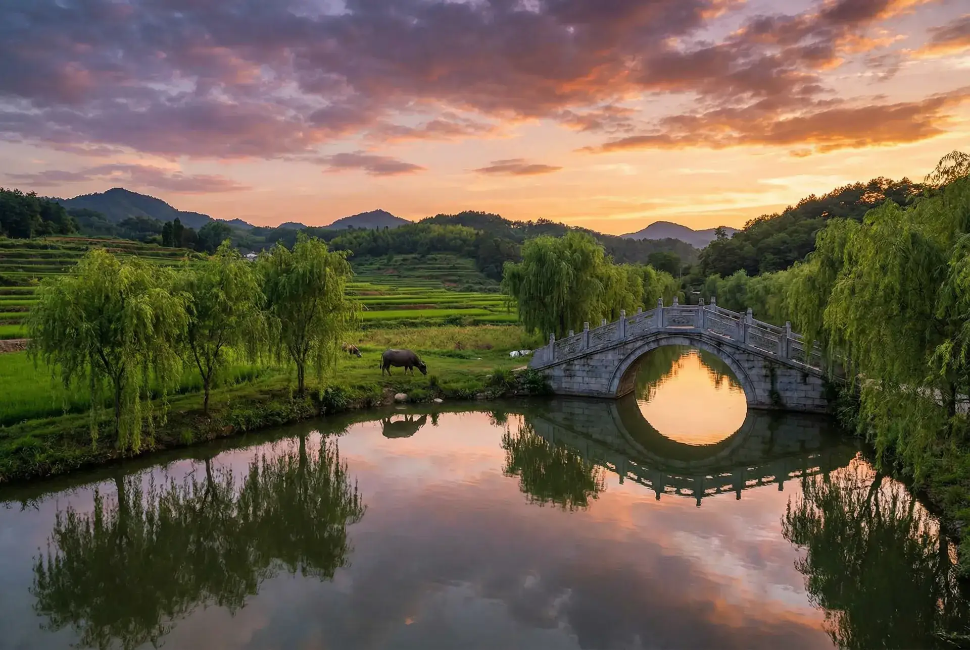夕阳下的石拱桥与垂柳，水牛在河边吃草 - sis色中色 乡村美景